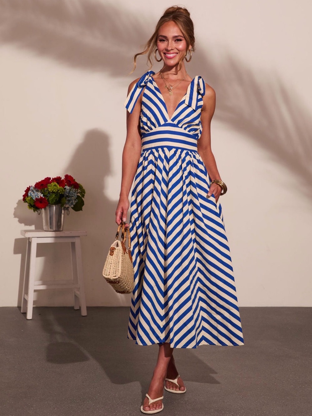 Vici Blue and White Striped Tie-Shoulder Midi Dress